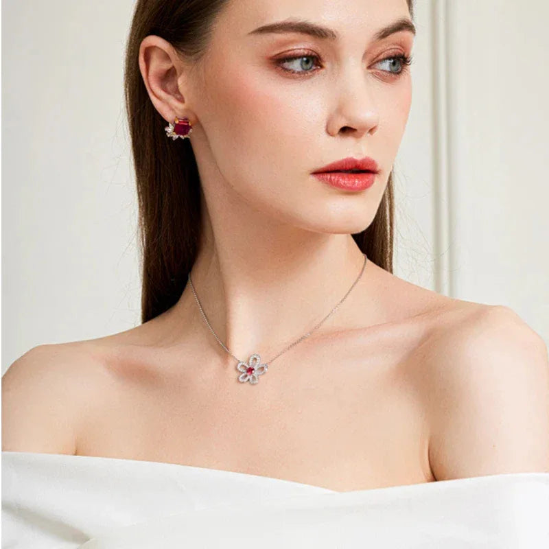 Ruby Floral Pendant Necklace with Cubic Zirconia Accents — full necklace view