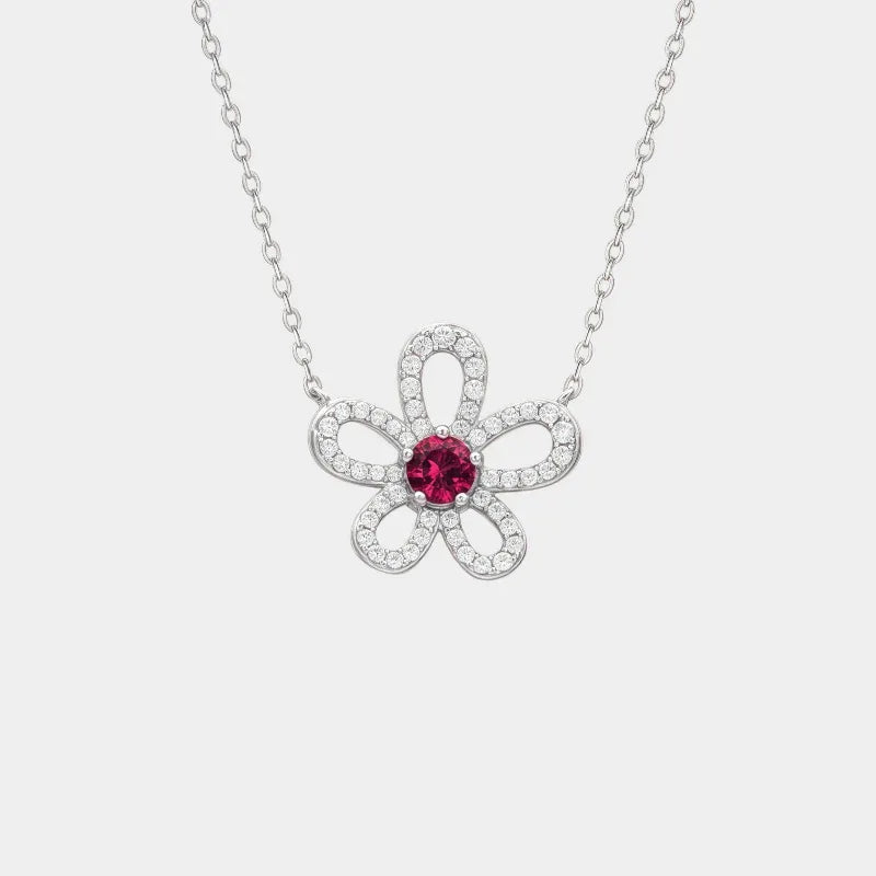 Ruby Floral Pendant Necklace with Cubic Zirconia Accents — main necklace product view