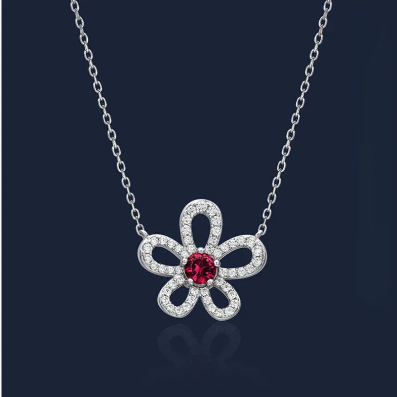 Ruby Floral Pendant Necklace with Cubic Zirconia Accents — pendant setting detail