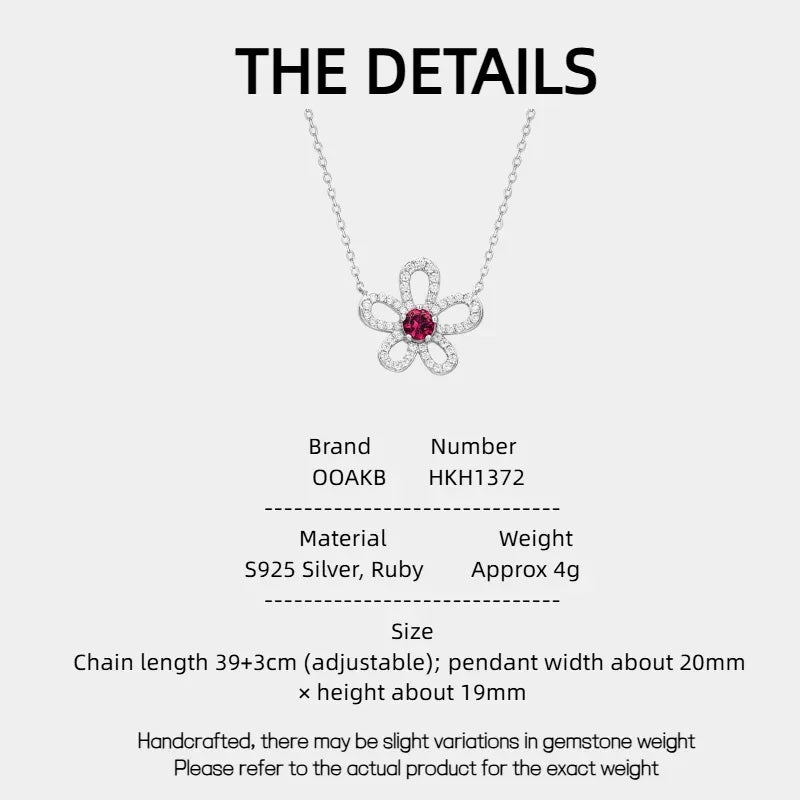 Ruby Floral Pendant Necklace with Cubic Zirconia Accents — specification card with material and size details