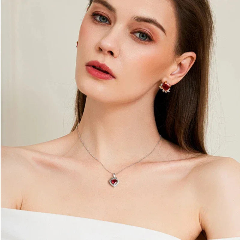 Ruby Heart Collar Necklace S925 Silver — full necklace view