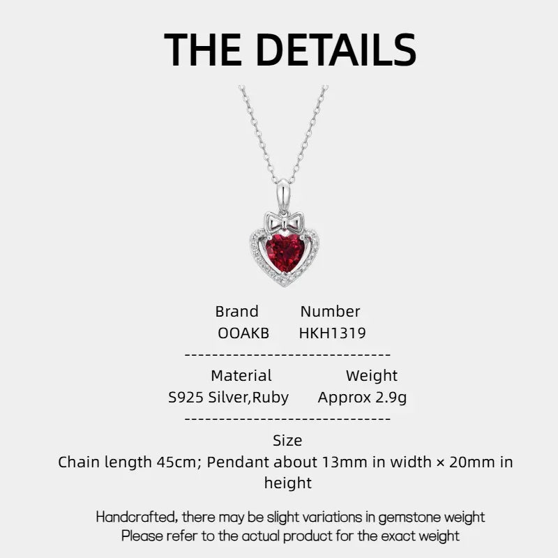 Ruby Heart Collar Necklace S925 Silver — specification card with material and size details