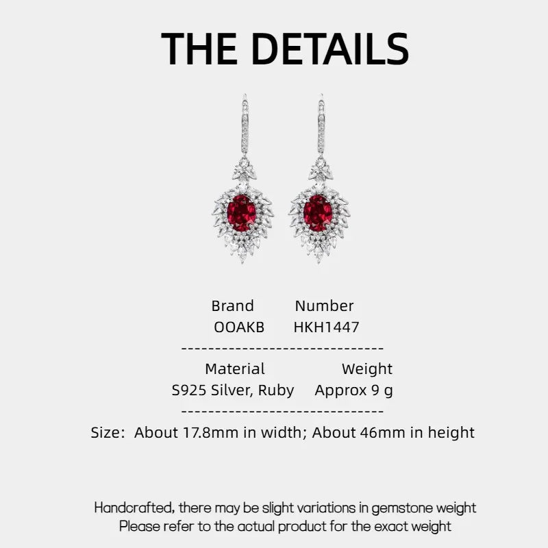 Ruby Oval Earrings — specification card with material and size details