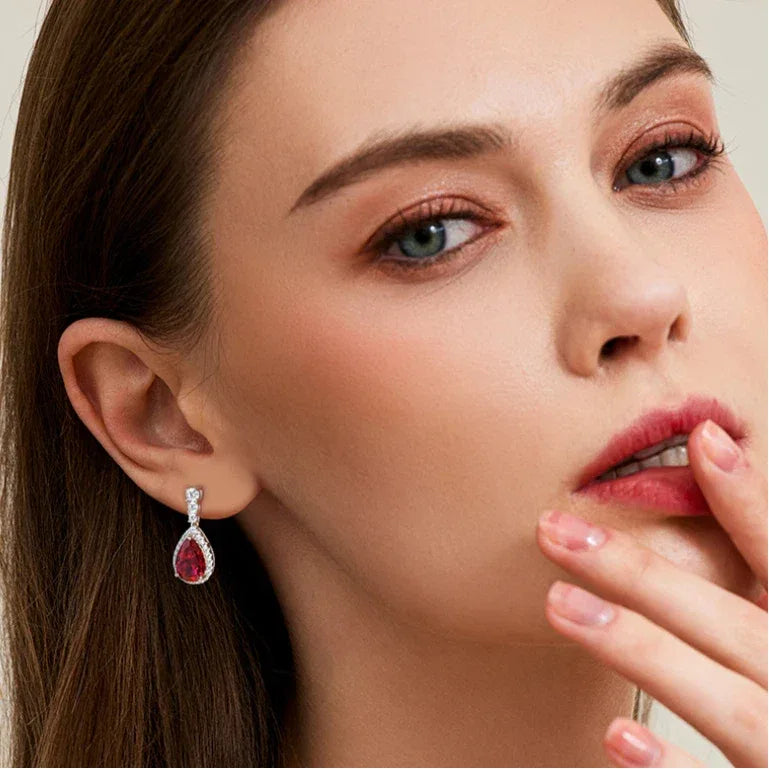 Ruby Teardrop Earrings S925 Silver — earrings worn on ear