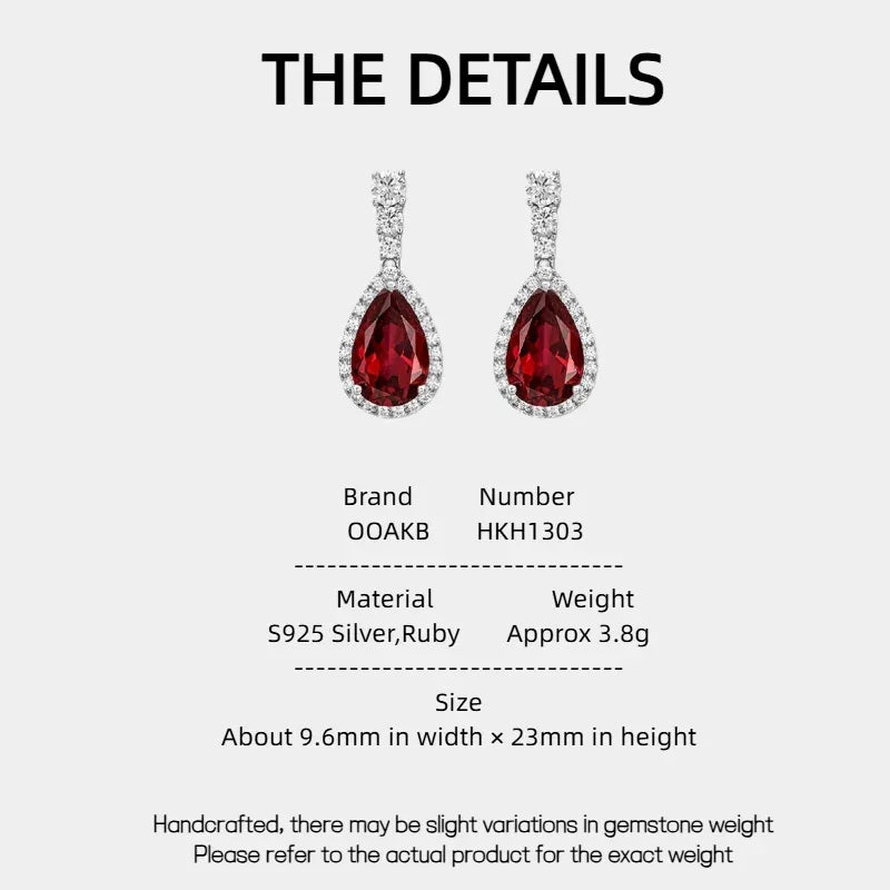 Ruby Teardrop Earrings S925 Silver — specification card with material and size details