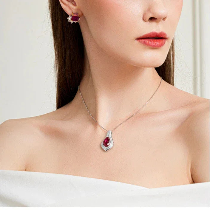Ruby Teardrop Necklace S925 Silver — alternate necklace view