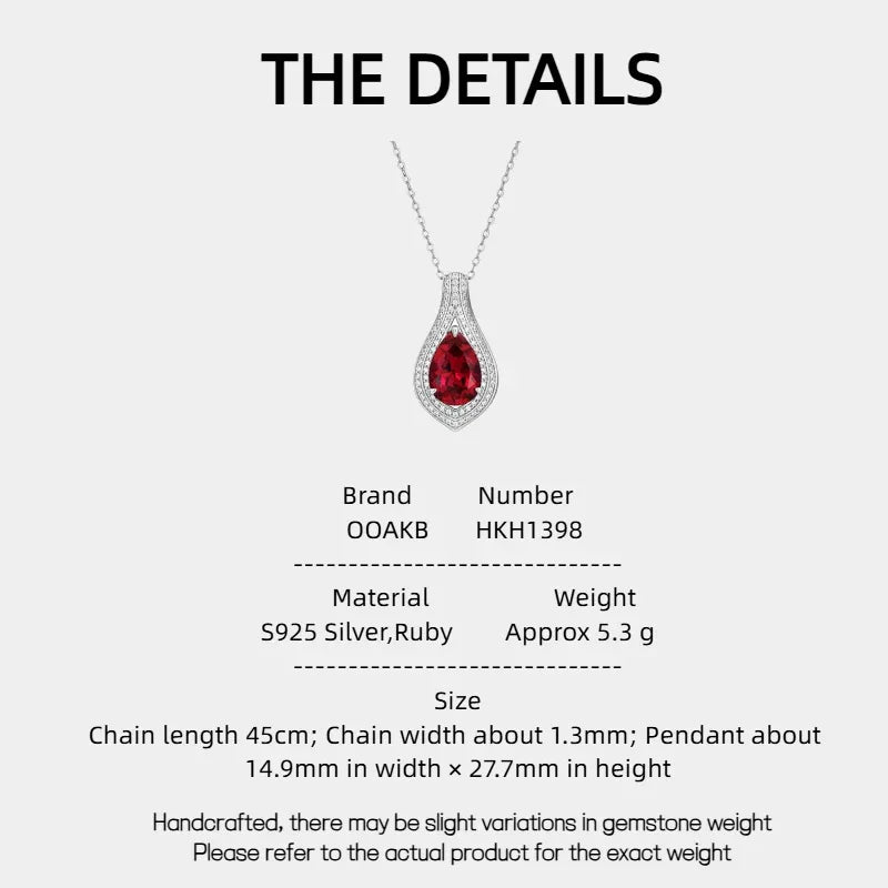 Ruby Teardrop Necklace S925 Silver — specification card with material and size details
