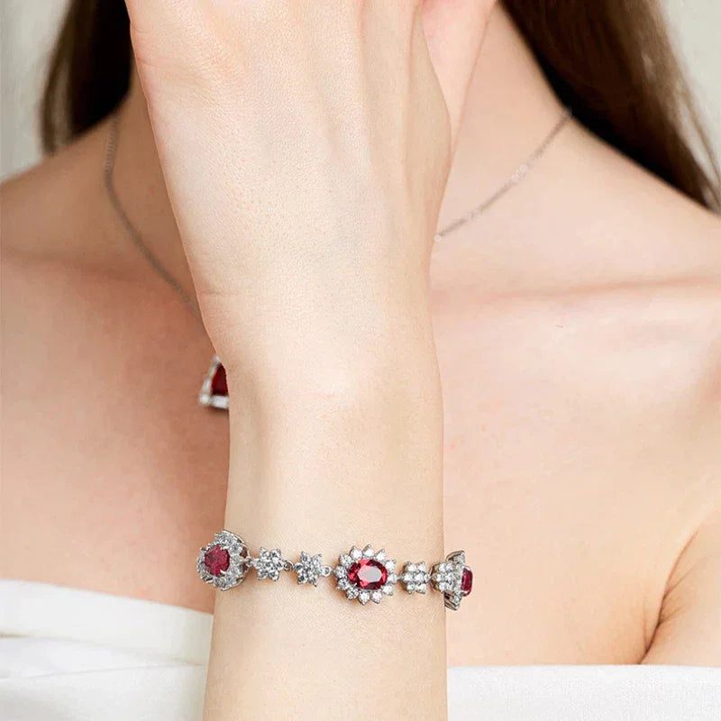 Ruby Three-Flower Bracelet S925 Silver — alternate full bracelet view