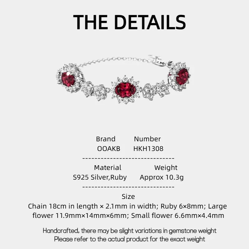 Ruby Three-Flower Bracelet S925 Silver — specification card with material and size details