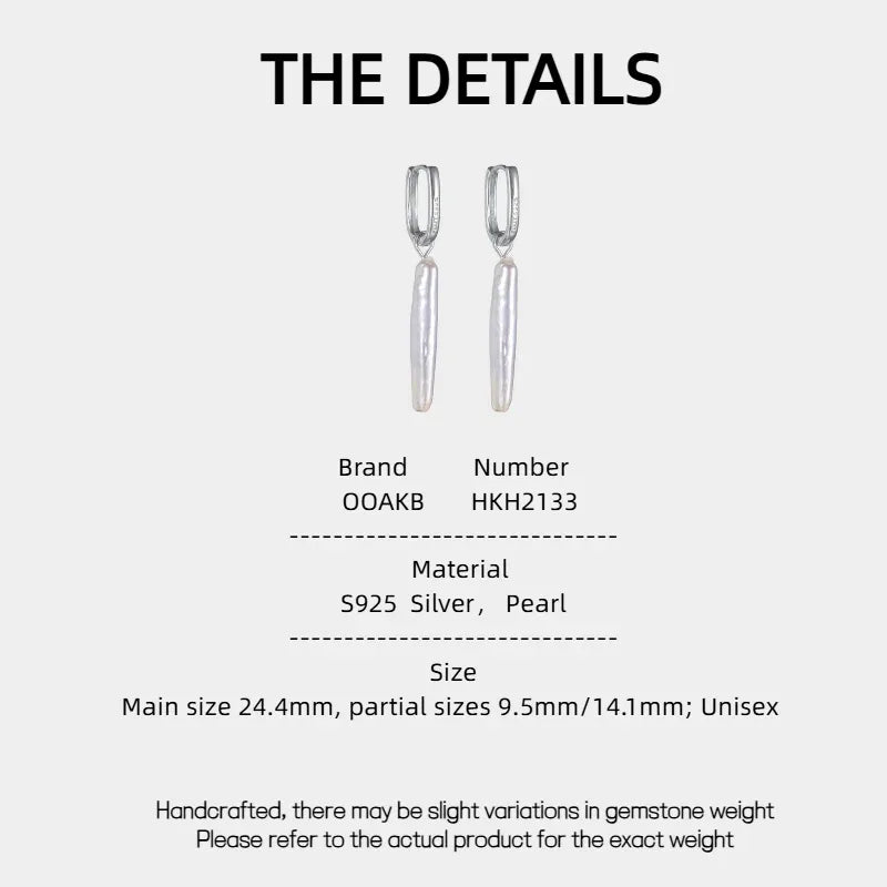 Long Baroque Pearl Drop Earrings — specification card with material and size details