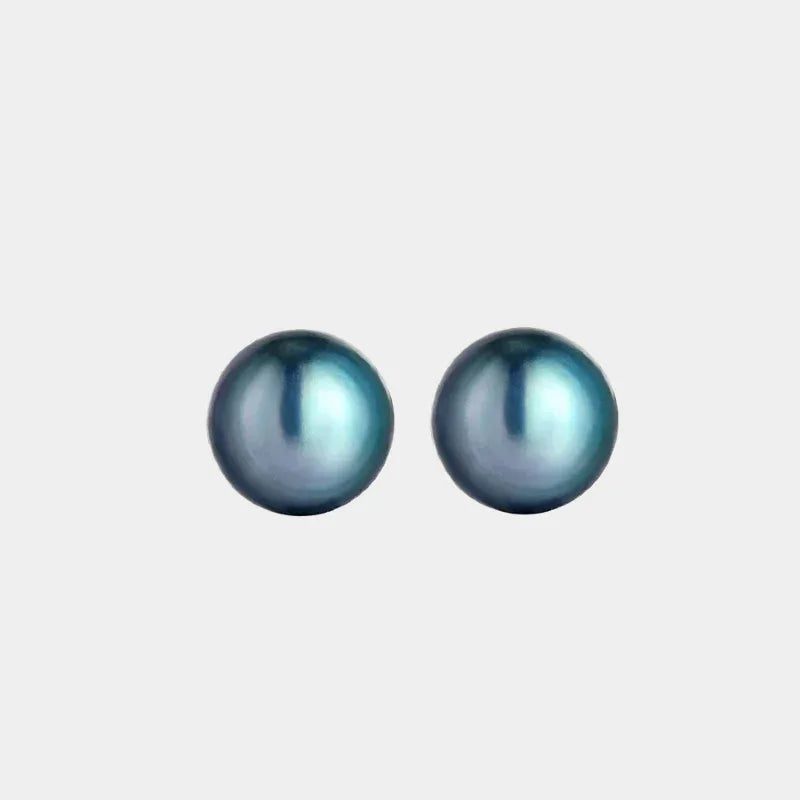 Dark Pearl Stud Earrings — front view of dark blue-green pearl studs