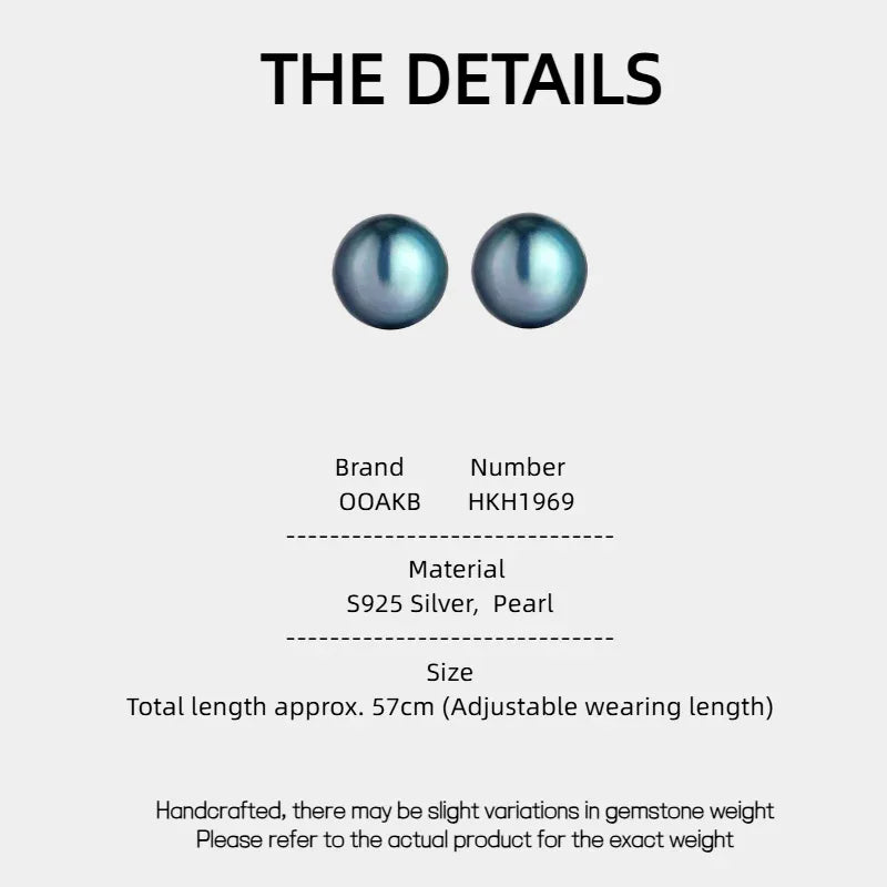 Dark Pearl Stud Earrings — specification card with material and size details