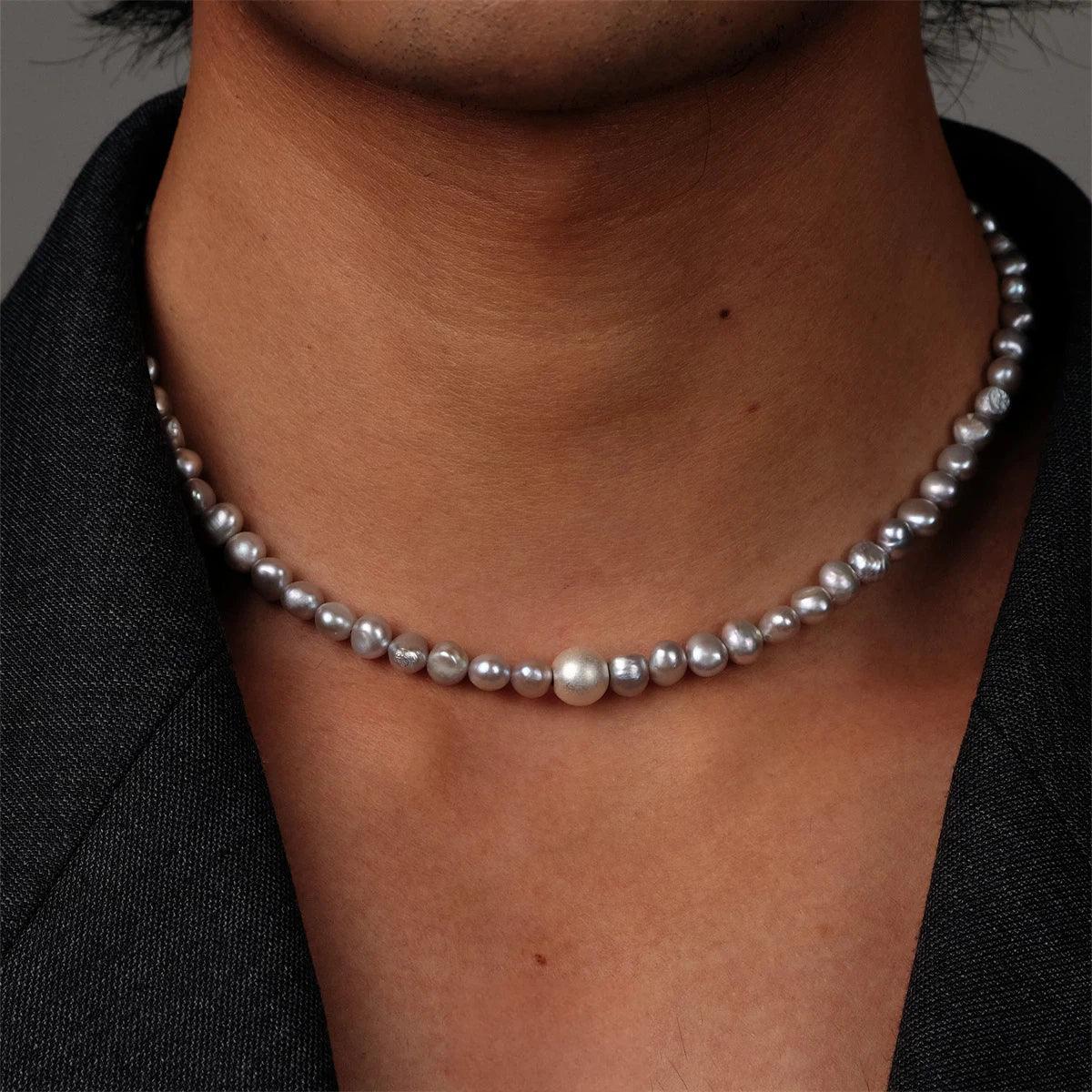 Gray Pearl Strand Necklace with Adjustable S925 Silver Clasp — alternate neckline-worn view showing the pearl scale