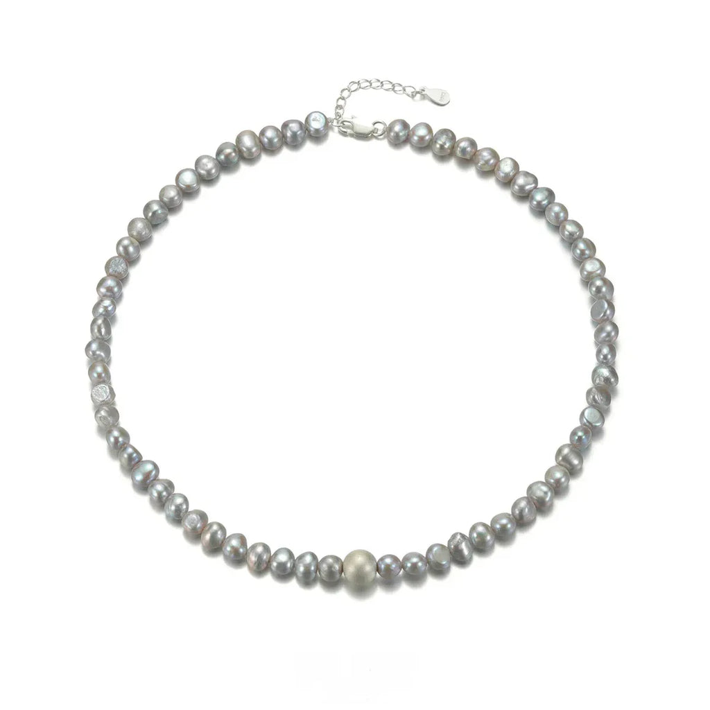 Gray Pearl Strand Necklace with Adjustable S925 Silver Clasp — alternate isolated full necklace view