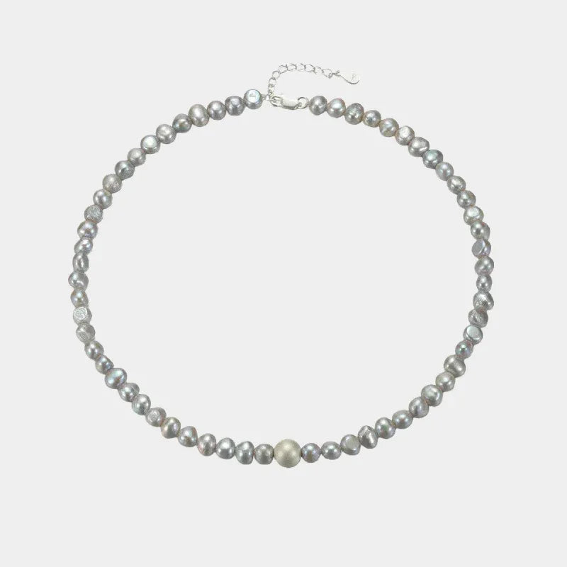 Gray Pearl Strand Necklace with Adjustable S925 Silver Clasp — front view of gray pearl strand with extension chain