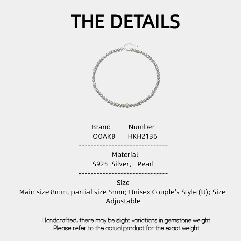 Gray Pearl Strand Necklace with Adjustable S925 Silver Clasp — specification card with material and size details