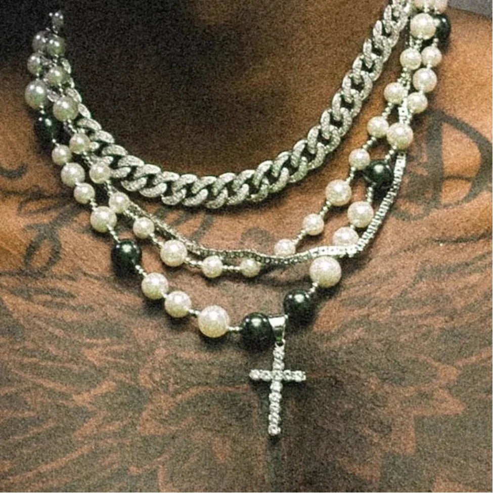 Black and White Pearl Double-Strand Cross Necklace — closer product view showing the two strands and cross pendant