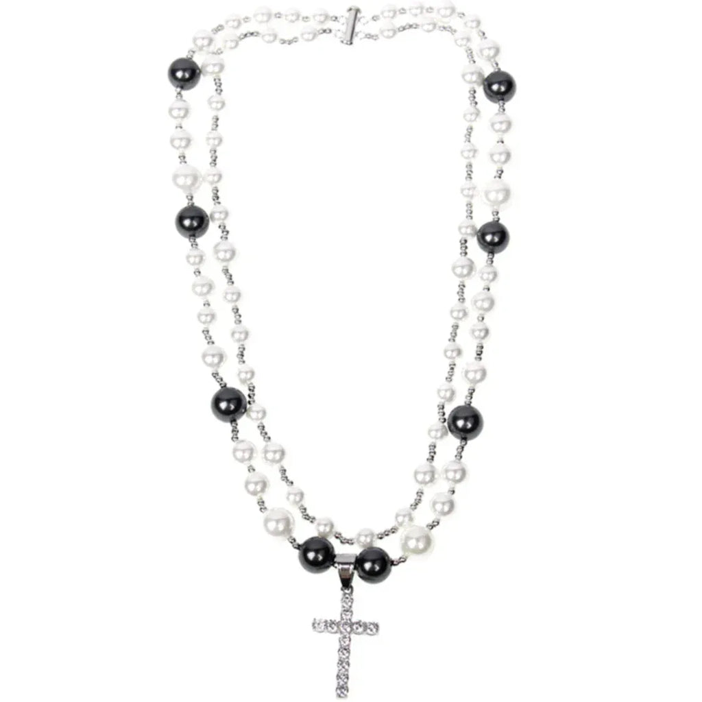 Black and White Pearl Double-Strand Cross Necklace — alternate isolated full necklace view
