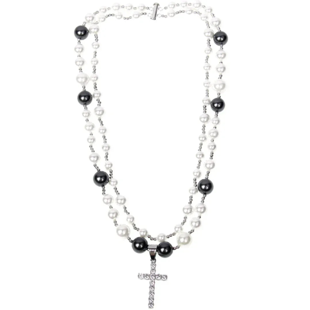 Black and White Pearl Double-Strand Cross Necklace — alternate isolated full necklace view