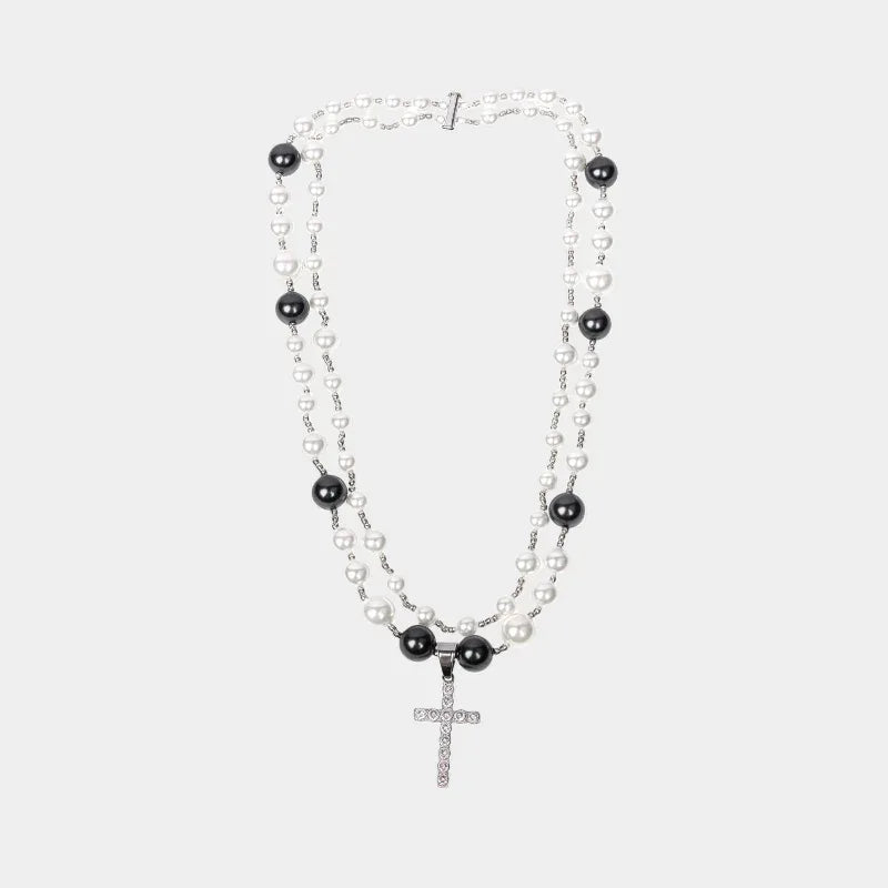 Black and White Pearl Double-Strand Cross Necklace — front view of black-and-white pearl double-strand cross necklace