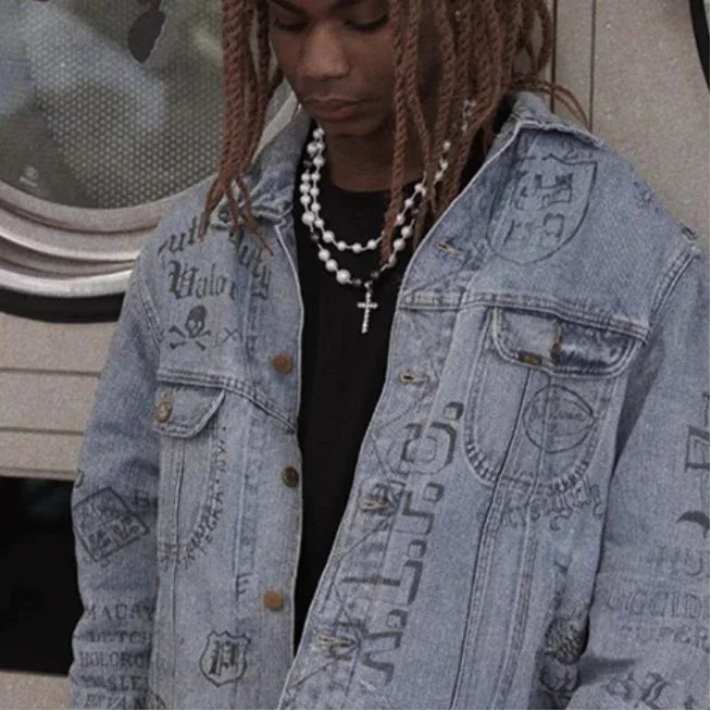 Black and White Pearl Double-Strand Cross Necklace — second model portrait wearing the necklace under a denim jacket