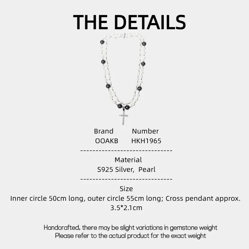 Black and White Pearl Double-Strand Cross Necklace — specification card with material and size details