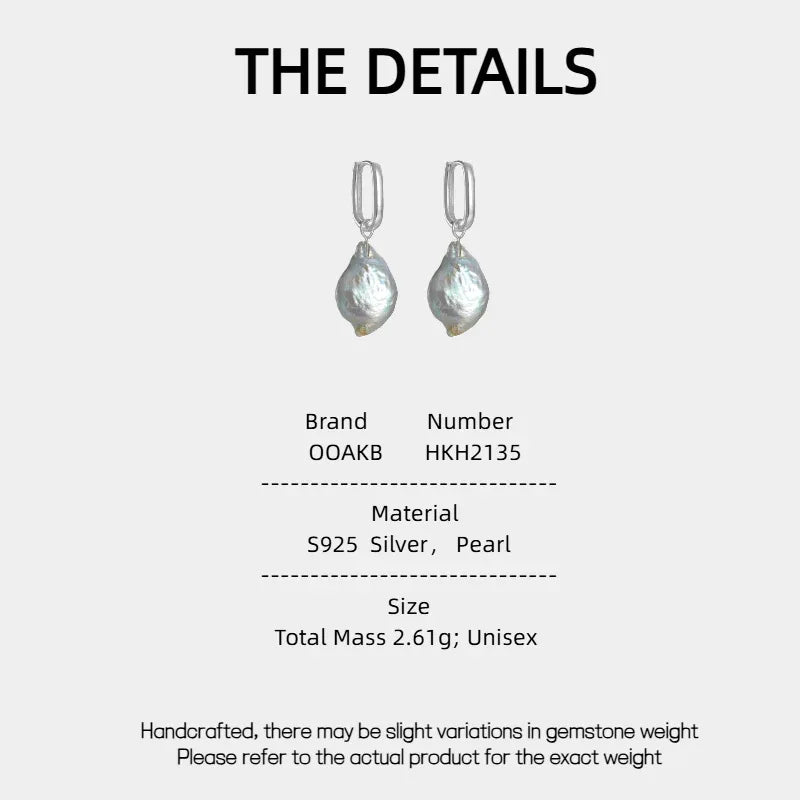 Irregular Pearl Drop Huggie Earrings — specification card with material and size details