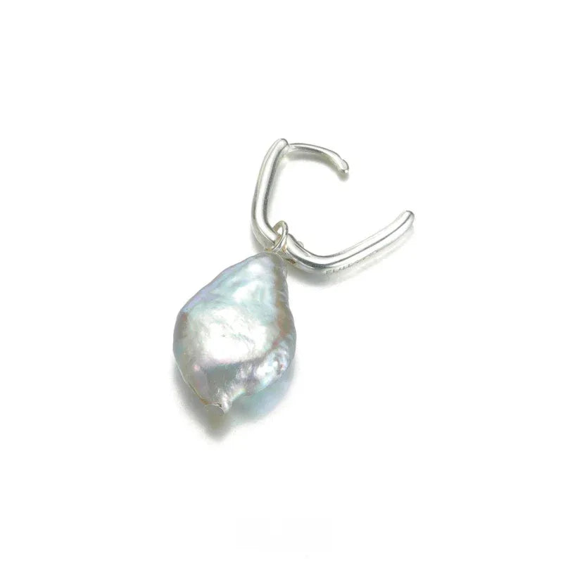 Irregular Pearl Drop Huggie Earrings — single open-clasp side view