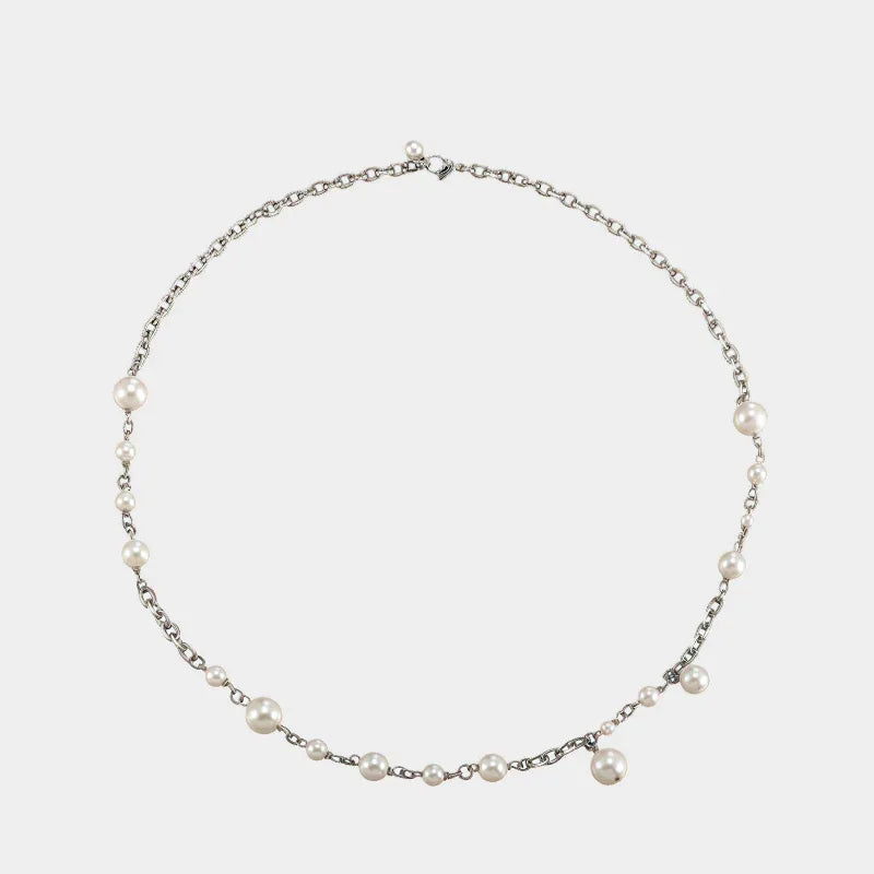 Adjustable Pearl Station Chain Necklace — front view of silver-tone pearl station chain necklace