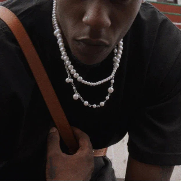 Adjustable Pearl Station Chain Necklace — necklace layered with a chunky chain in a model portrait