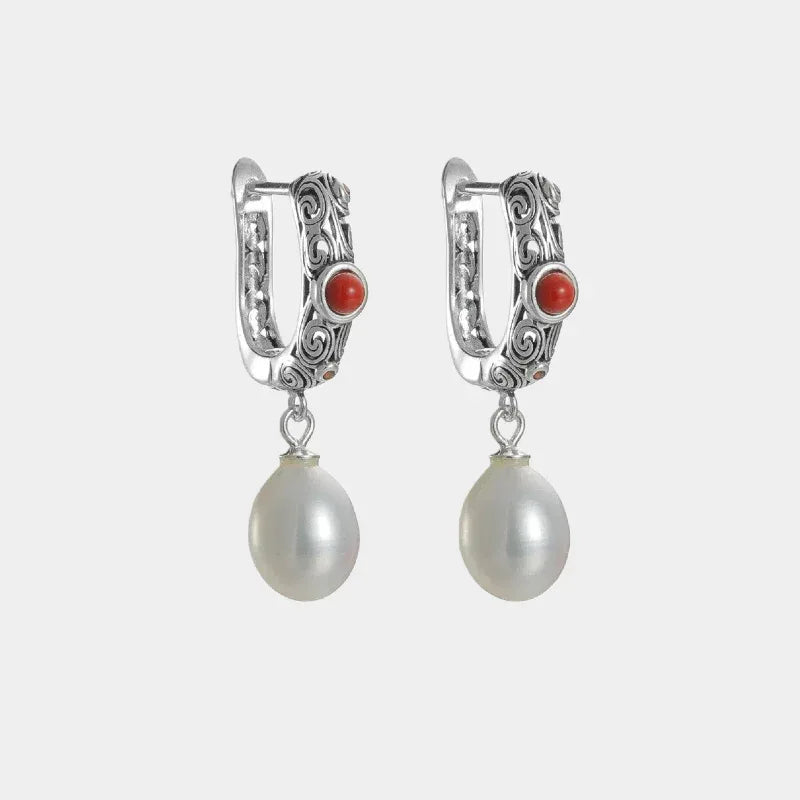 S925 Silver Pearl Drop Huggie Earrings with Red — front pair of engraved huggie hoops with red cabochon accents and pearl