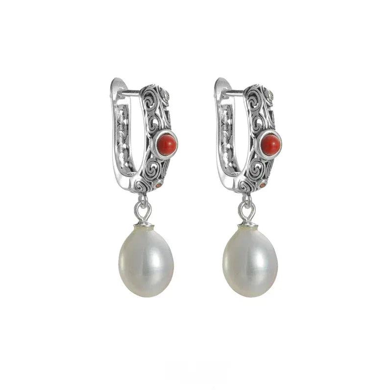 S925 Silver Pearl Drop Huggie Earrings with Red Accent — alternate isolated front pair