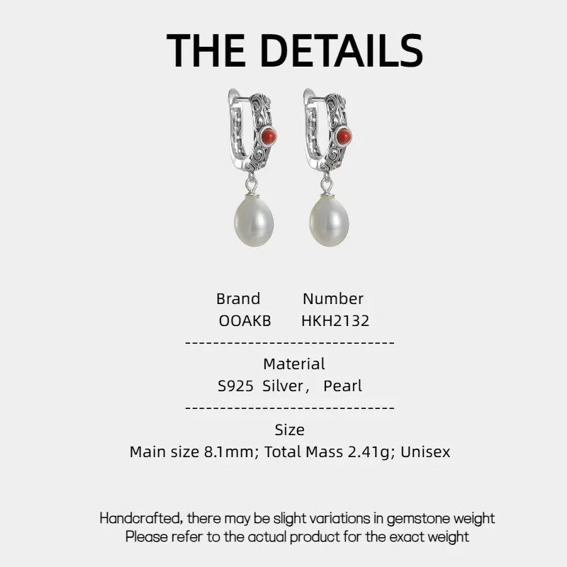 S925 Silver Pearl Drop Huggie Earrings with Red Accent — specification card with material and size details