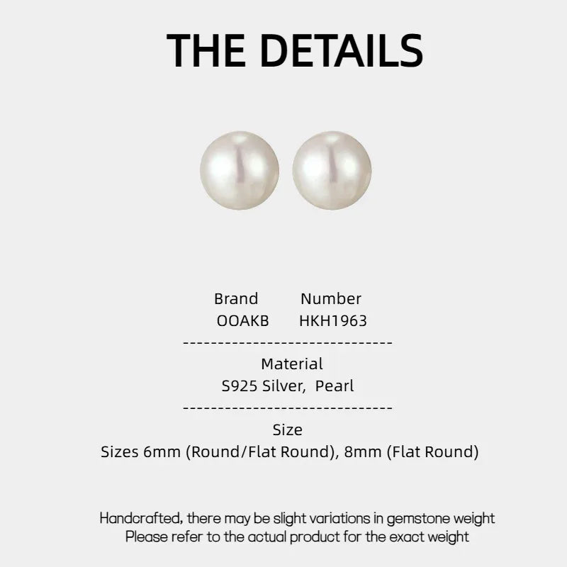 Round Pearl Stud Earrings — specification card with material and size details