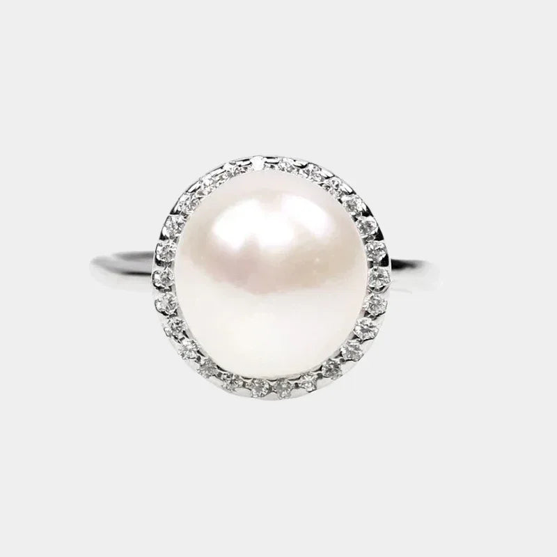 Adjustable Pearl Halo Ring — front view of round pearl halo ring