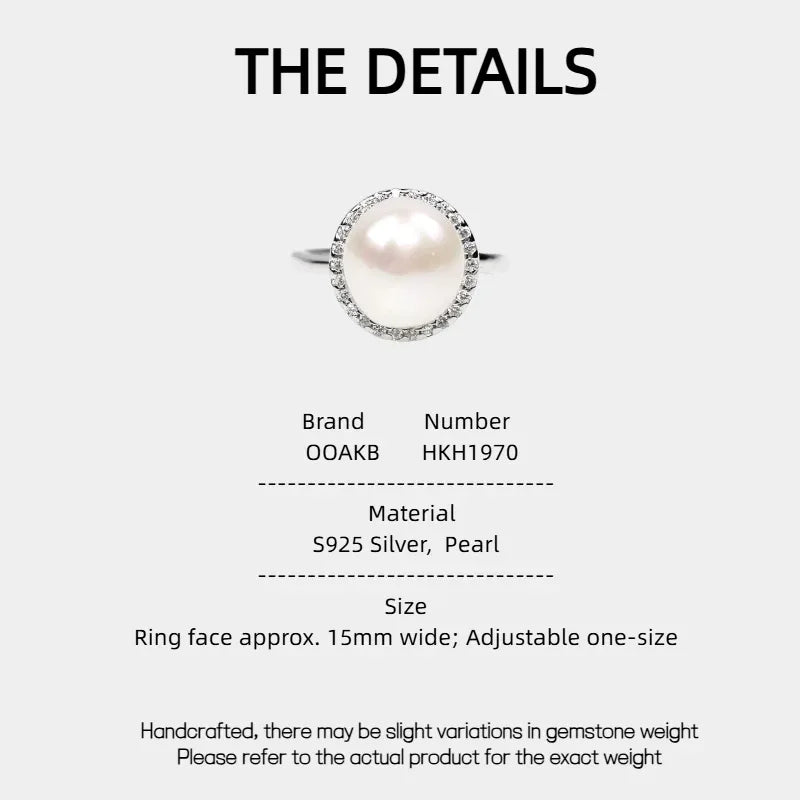 Adjustable Pearl Halo Ring — specification card with material and size details