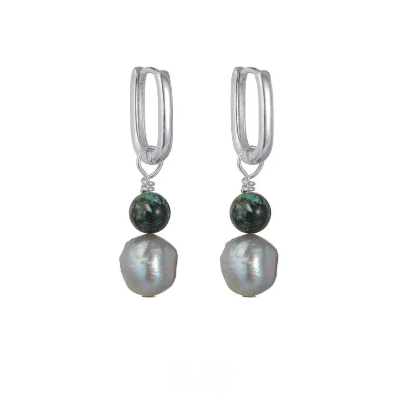 S925 Silver Pearl Drop Earrings with Green Bead Accent — alternate isolated front pair