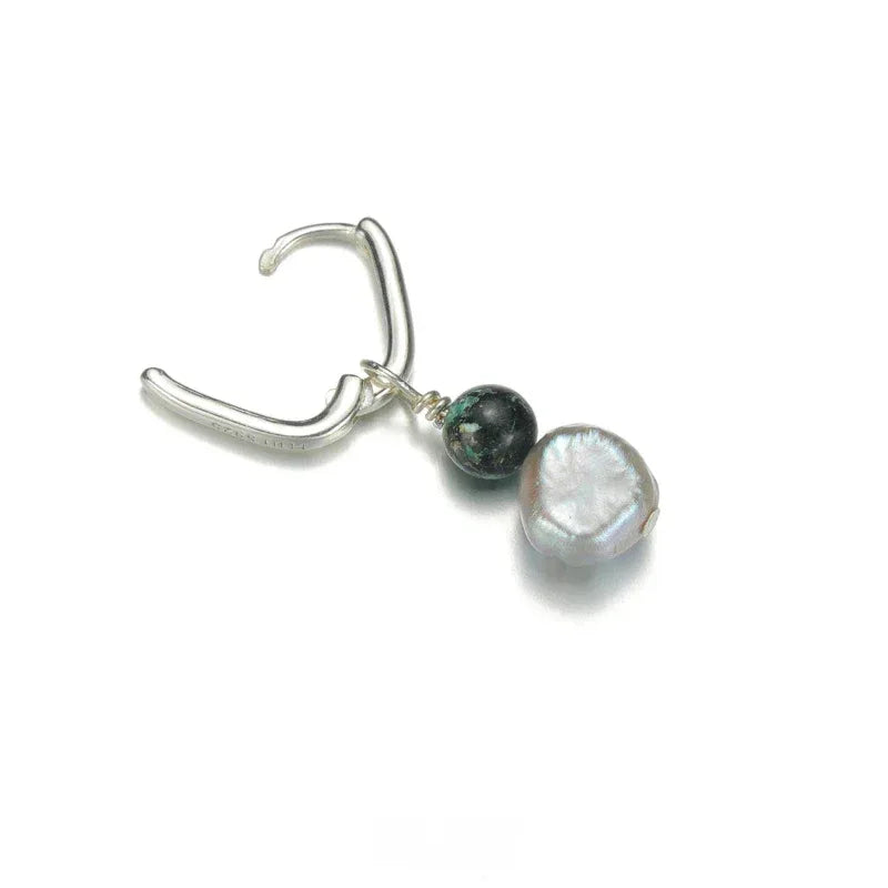 S925 Silver Pearl Drop Earrings with Green Bead Accent — single open-clasp side view