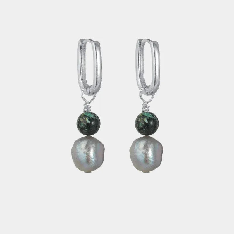 S925 Silver Pearl Drop Earrings with Green Bead — isolated front pair with round green beads above irregular gray-white