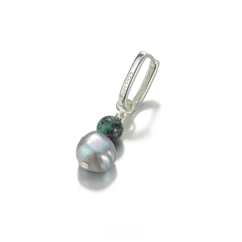 S925 Silver Pearl Drop Earrings with Green Bead Accent — angled view of the two-bead drop