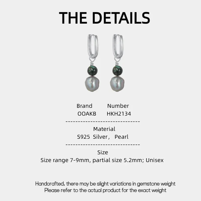 S925 Silver Pearl Drop Earrings with Green Bead Accent — specification card with material and size details