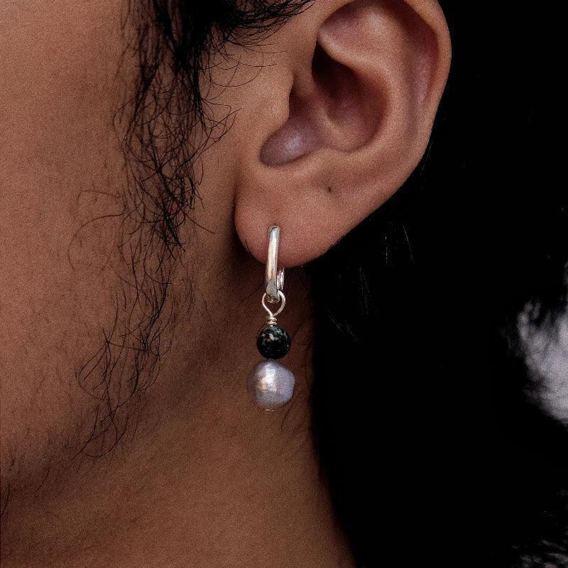 S925 Silver Pearl Drop Earrings with Green Bead Accent — alternate left-ear worn side view