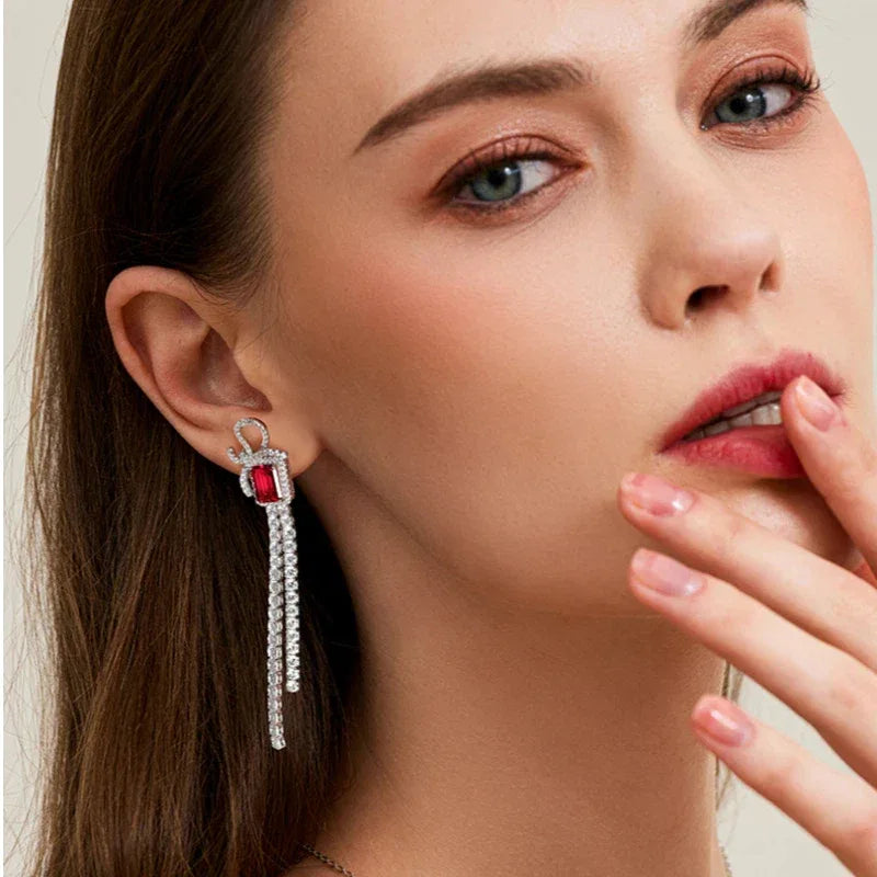S925 Silver Ruby Bowknot Long Tassel Rectangular Earrings — alternate earrings view