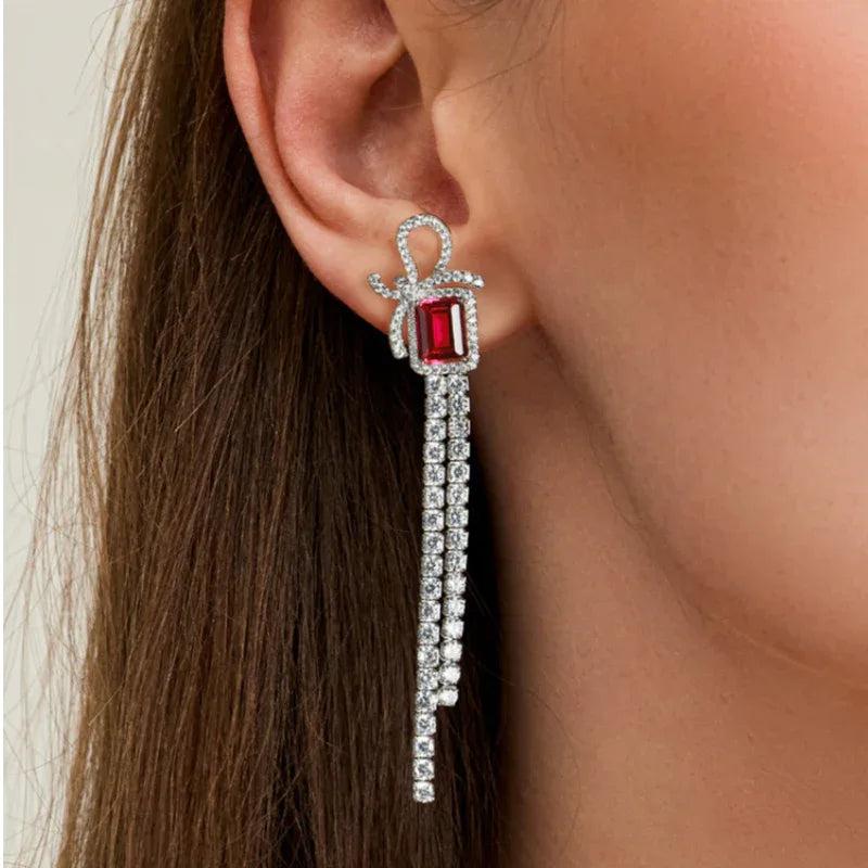 S925 Silver Ruby Bowknot Long Tassel Rectangular Earrings — earrings worn on ear