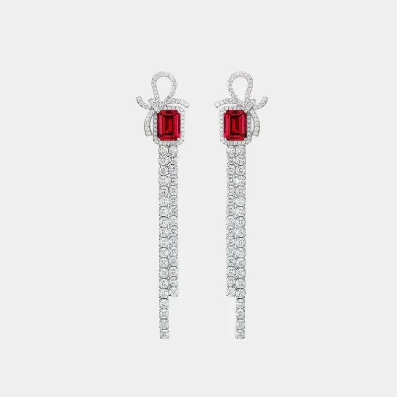 S925 Silver Ruby Bowknot Long Tassel Rectangular Earrings — main earrings product view