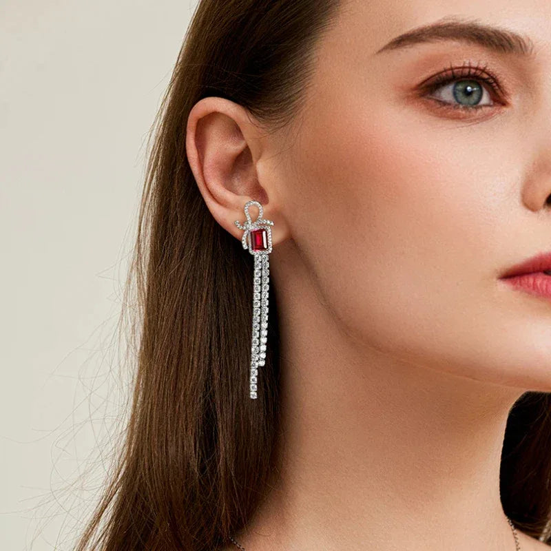 S925 Silver Ruby Bowknot Long Tassel Rectangular Earrings — paired earrings view