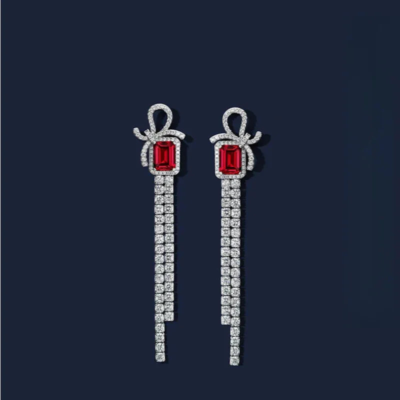 S925 Silver Ruby Bowknot Long Tassel Rectangular Earrings — side and post detail