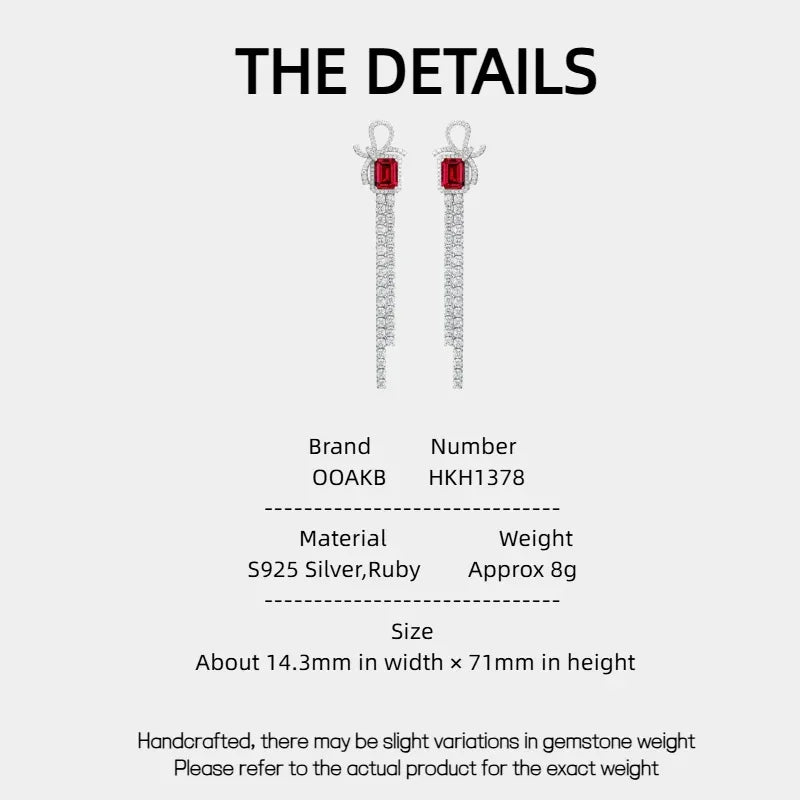 S925 Silver Ruby Bowknot Long Tassel Rectangular Earrings — specification card with material and size details