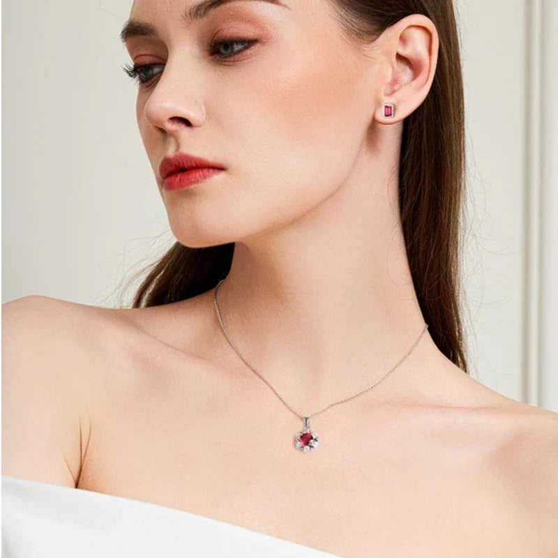 S925 Silver Ruby Flower Necklace — alternate necklace view