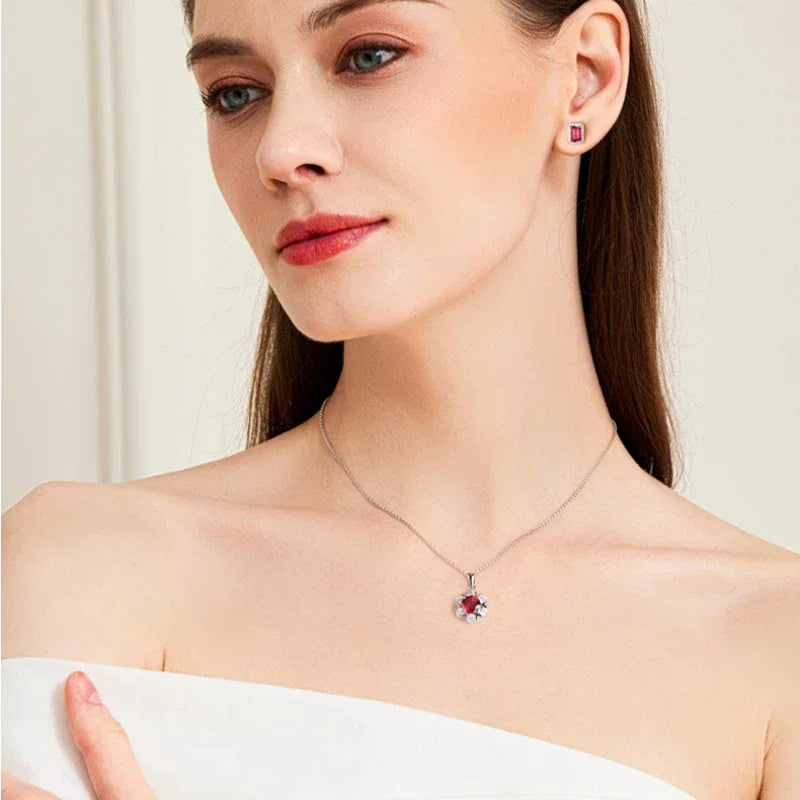 S925 Silver Ruby Flower Necklace — full necklace view